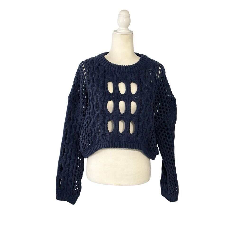 Cider navy blue cropped hollowed out chunky knit sweater - 1X